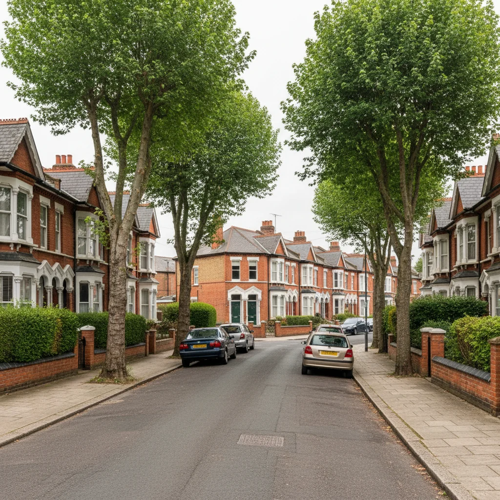 A Victorian residential street in Portsmouth, brick-walled gardens and mature trees